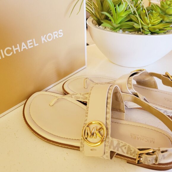 Michael Kors Signature Logo and Leather T-Strap Sandal - Picture 3 of 5